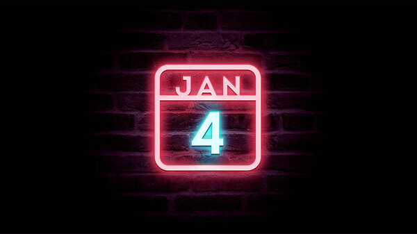 1月4日日历，背景为霓虹灯蓝色和红色霓虹灯    图片素材