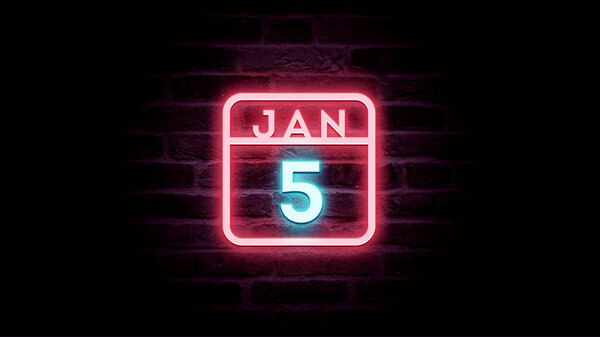 1月5日日历，背景为霓虹灯蓝色和红色霓虹灯    图片素材