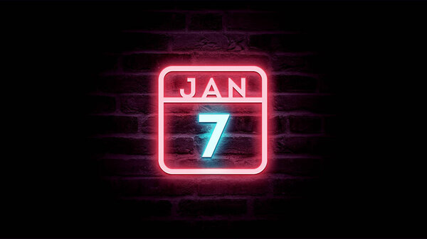 1月7日日历，底座上有霓虹灯蓝色和红色霓虹灯    图片素材