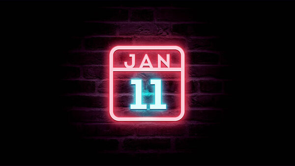 1月11日日历，底座上有霓虹灯蓝色和红色霓虹灯    图片素材
