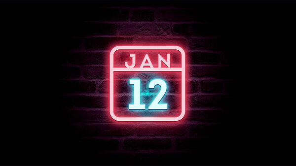 1月12日日历，背景为霓虹灯蓝色和红色霓虹灯    图片素材