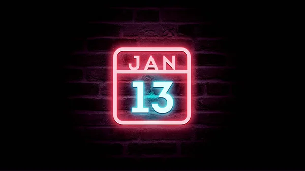 1月13日日历，底座上有霓虹灯蓝色和红色霓虹灯    图片素材