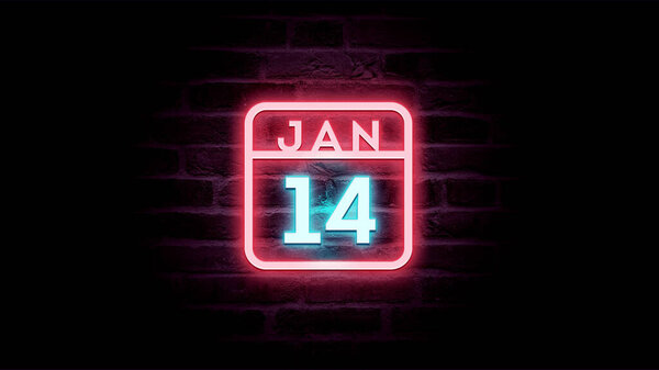 1月14日日历，底座上有霓虹灯蓝色和红色霓虹灯    图片素材