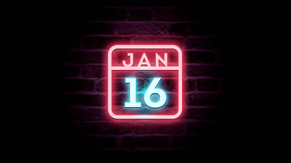 1月16日日历，底座上有霓虹灯蓝色和红色霓虹灯    图片素材