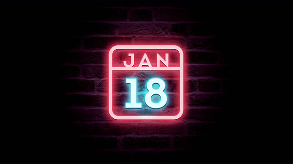 1月18日日历，底座上有霓虹灯蓝色和红色霓虹灯    图片素材