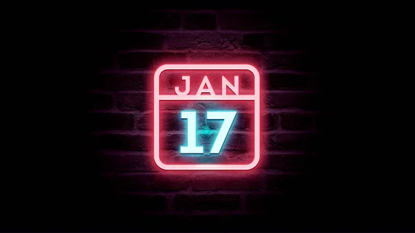 1月17日日历，底座上有霓虹灯蓝色和红色霓虹灯    图片素材