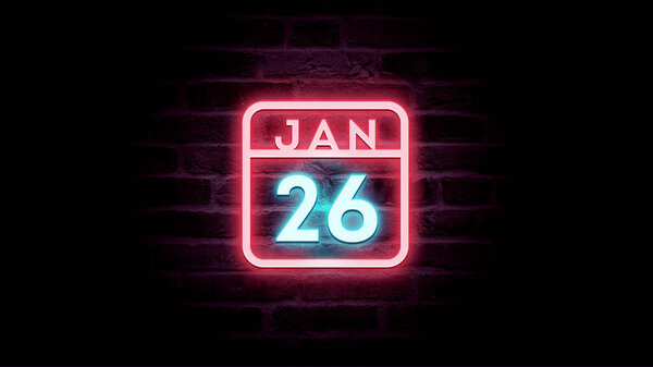 1月26日日历，底座上有霓虹灯蓝色和红色霓虹灯    图片素材