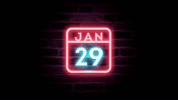 1月29日日历，底座上有霓虹灯蓝色和红色霓虹灯 