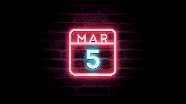 3月5日日历，背景为霓虹灯蓝色和红色霓虹灯    图片素材