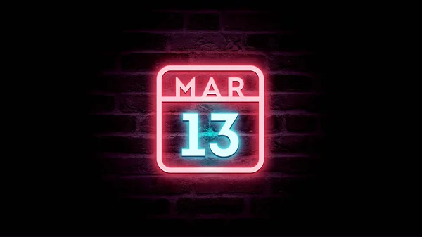 3月13日日历，背景上有霓虹灯蓝色和红色霓虹灯    图片素材