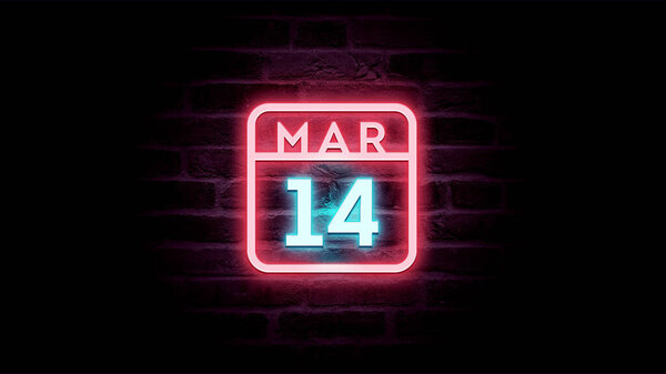 3月14日日历，背景上有霓虹灯蓝色和红色霓虹灯    图片素材