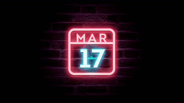 3月17日日历，背景上有霓虹灯蓝色和红色霓虹灯    图片素材