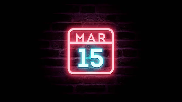 3月15日日历，背景上有霓虹灯蓝色和红色霓虹灯    图片素材