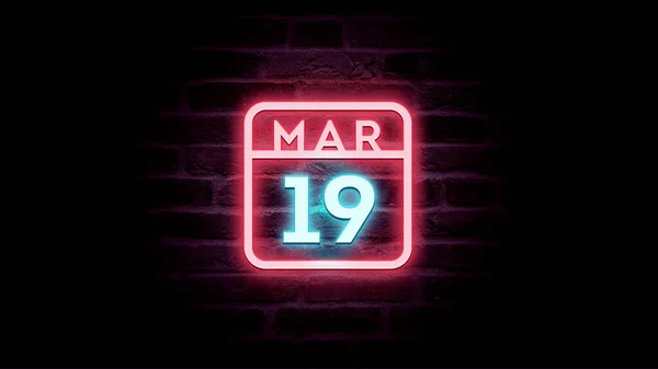 3月19日日历，背景上有霓虹灯蓝色和红色霓虹灯    图片素材