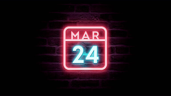 3月24日日历，背景上有霓虹灯蓝色和红色霓虹灯    图片素材