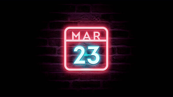 3月23日日历，背景为霓虹灯蓝色和红色霓虹灯    图片素材