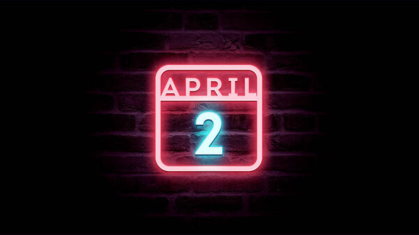 4月2日日历，背景为霓虹灯蓝色和红色霓虹灯   图片素材