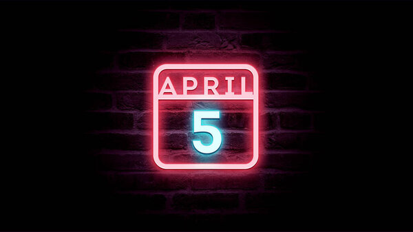 4月5日日历，底座上有霓虹灯蓝色和红色霓虹灯   图片素材