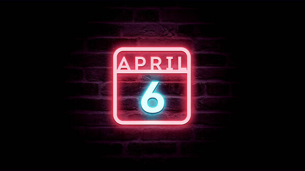 4月6日日历，背景上有霓虹灯蓝色和红色霓虹灯   图片素材