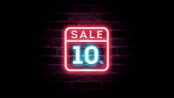 霓虹灯蓝色和红色销售图标折扣10%砖背景，购物广告   图片素材