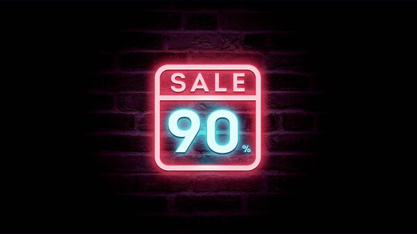 霓虹灯蓝色和红色销售图标折扣90%砖背景，购物广告   图片素材