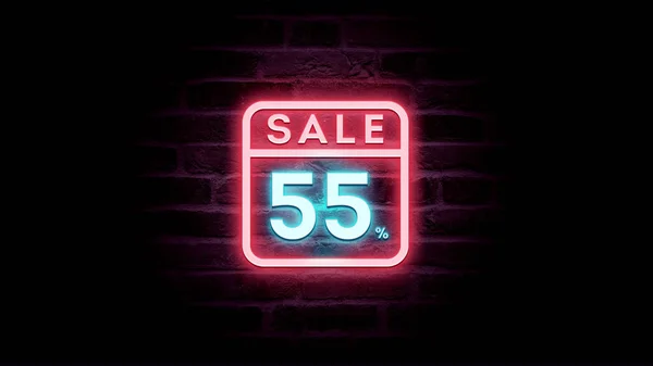霓虹灯蓝色和红色的销售图标，折扣55%的砖背景，购物广告   图片素材