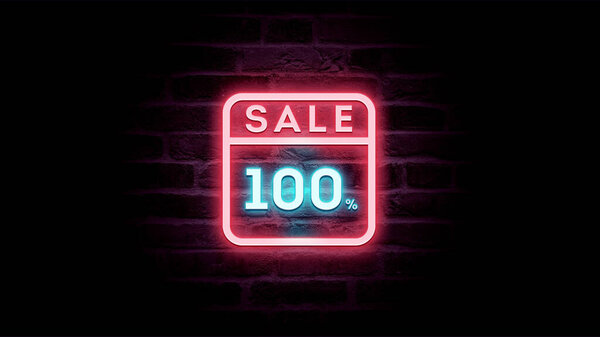 霓虹灯蓝色和红色销售图标100%折扣砖背景，购物广告   图片素材
