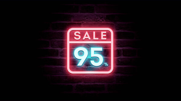 霓虹灯蓝色和红色的销售图标，打折95%的砖背景，购物广告   图片素材