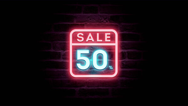 霓虹灯蓝色和红色销售图标折扣50%的砖背景，购物广告   图片素材