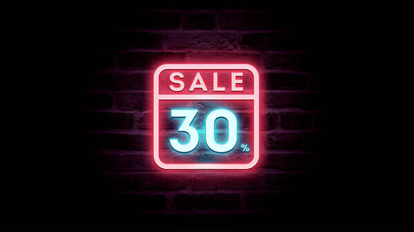 霓虹灯蓝色和红色销售图标折扣30%的砖背景，购物广告   图片素材