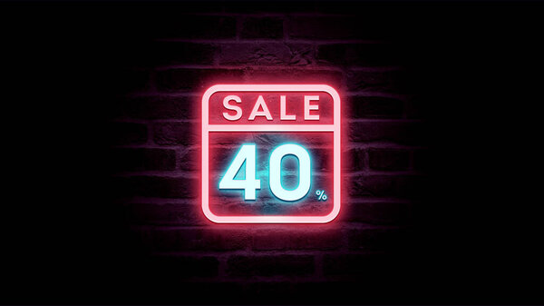 霓虹灯蓝色和红色销售图标折扣40%砖背景，购物广告   图片素材