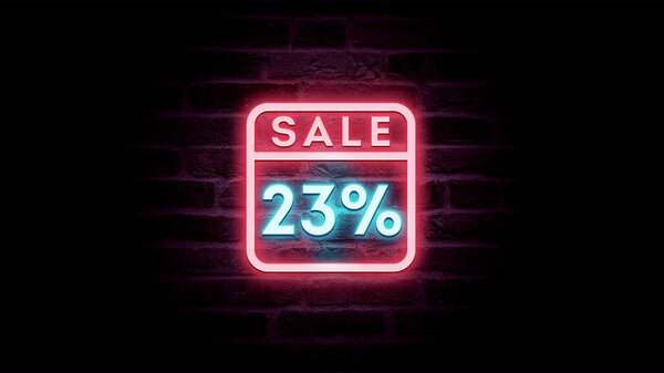 霓虹灯蓝色和红色销售图标折扣23%的砖背景，购物广告   图片素材