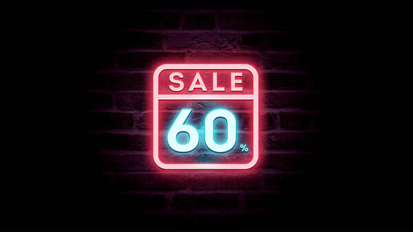 霓虹灯蓝色和红色销售图标折扣60%砖背景，购物广告   图片素材