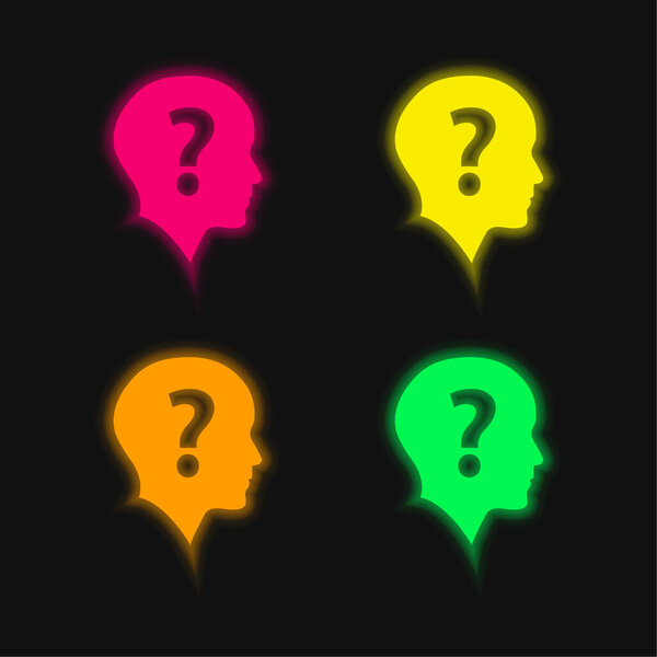 Bald Head With Question Mark four color glowing neon vector icon 图片素材