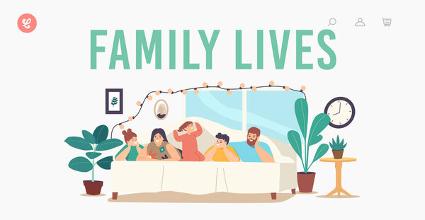 家庭生活登陆页面模板。角色的母亲、父亲和孩子躺在舒适的床上 图片素材