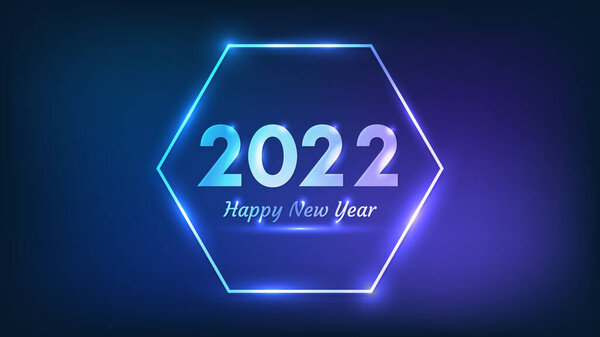 2022年新年背景。霓虹灯六边形框架,圣诞贺卡、传单或海报都有闪亮效果.病媒说明 图片素材