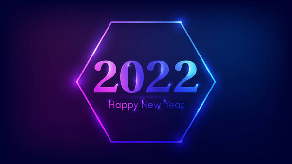2022年新年背景。霓虹灯六边形框架,圣诞贺卡、传单或海报都有闪亮效果.病媒说明 图片素材