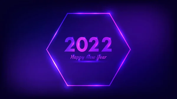 2022年新年背景。霓虹灯六边形框架,圣诞贺卡、传单或海报都有闪亮效果.矢量说明 图片素材