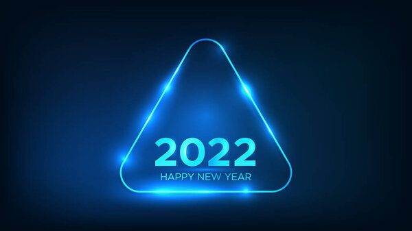2022年新年背景。霓虹灯圆形三角形相框,圣诞贺卡、传单或海报都有闪亮效果.矢量说明 图片素材