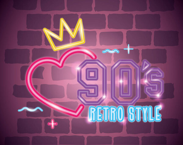 label nineties retro style neon light with crown and heart 图片素材