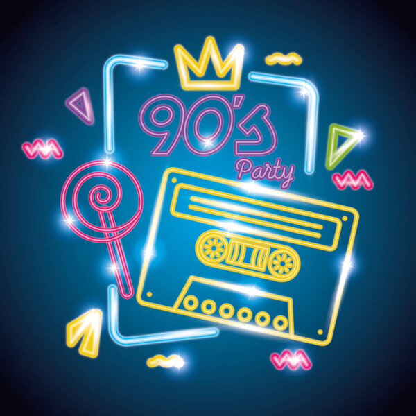 cassette with candy of nineties retro neon light 图片素材