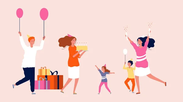 女孩生日聚会。家庭节日，快乐的人带着礼物，气球和蛋糕。父母和友谊、儿童和成年人 图片素材