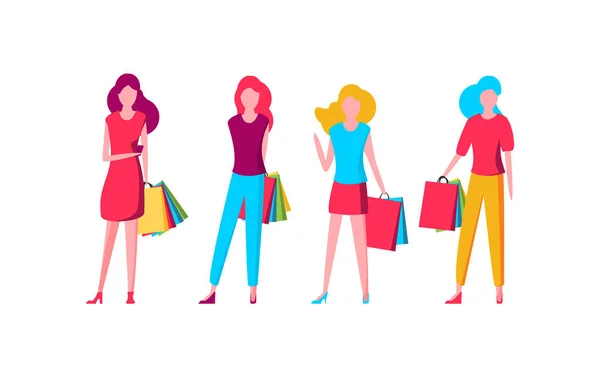 传染媒介例证妇女站立与购物袋查出在白色, 购物概念  图片素材