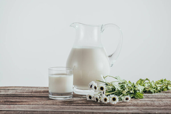 牛奶在水罐和玻璃 图片素材