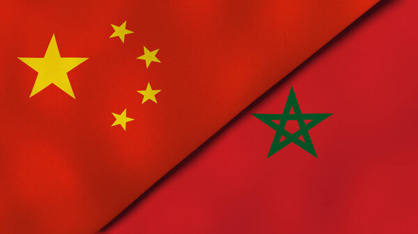 中国和摩洛哥两国国旗。高质量的商业背景。3d说明 图片素材