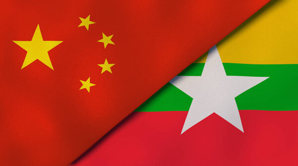 中国和缅甸的两个国家的国旗。高质量的商业背景。3d说明 图片素材