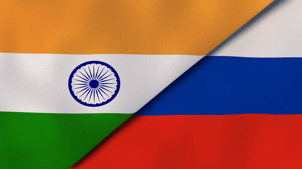 印度和俄罗斯两个邦的国旗。高质量的商业背景。3d说明 图片素材