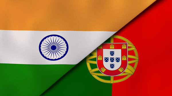 印度和葡萄牙两个邦的国旗。高质量的商业背景。3d说明 图片素材