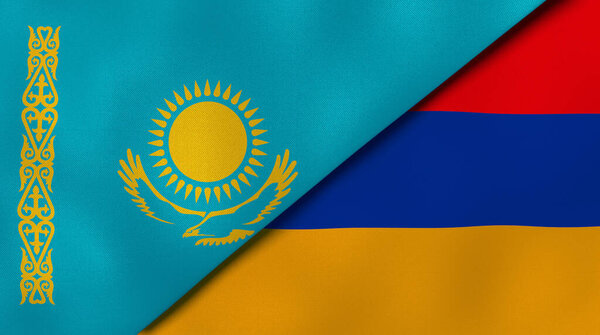 哈萨克斯坦和亚美尼亚两国国旗。高质量的商业背景。3d说明 图片素材