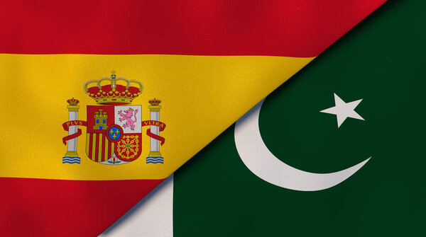 西班牙和巴基斯坦两国国旗。高质量的商业背景。3d说明 图片素材